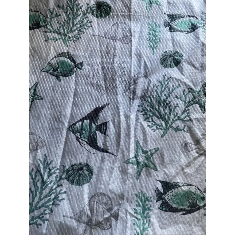 Shower Curtain & Hooks Seaside Starfish Sea Shell Fabric Teal White Gray Texture